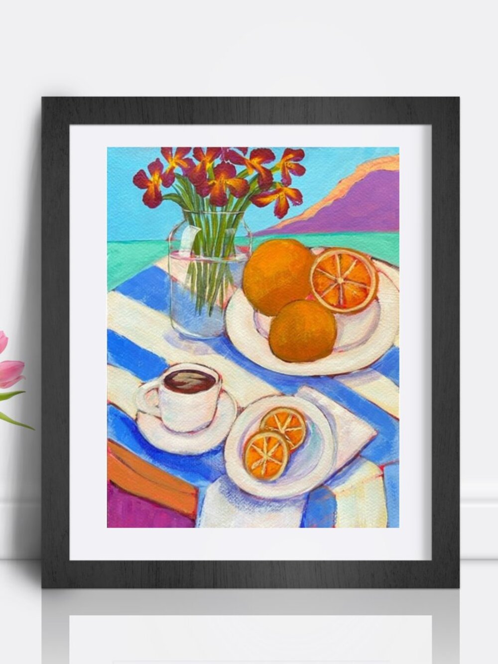 Sunny Mediterranean Citrus Original Still Life Painting with Oranges and Flowers